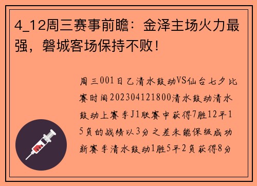 4_12周三赛事前瞻：金泽主场火力最强，磐城客场保持不败！